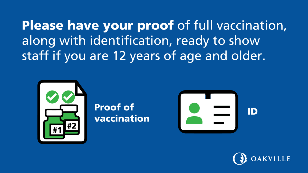 townofoakville's tweet photo. Are you visiting one of our recreation and culture facilities or town hall? 

Remember to bring proof of full vaccination and an ID. 

Learn more about age requirements and more: https://t.co/uMRvbz8F20 https://t.co/1UKM2dyu55