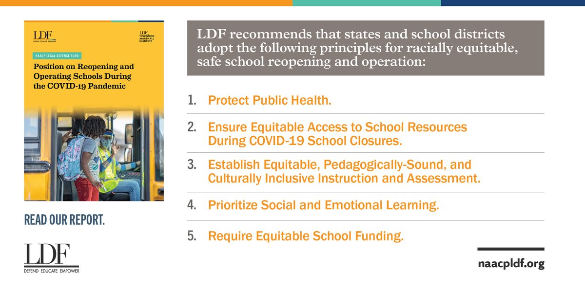 NAACP_LDF's tweet photo. NEW FROM LDF: Vaccine mandates, mask wearing, and equal access to high-quality instruction are essential for reopening and operating schools during the COVID-19 pandemic. Read LDF’s recommendations for how schools can prioritize equity and public health: https://t.co/2VbpkbRntr https://t.co/0n7He3cGK7