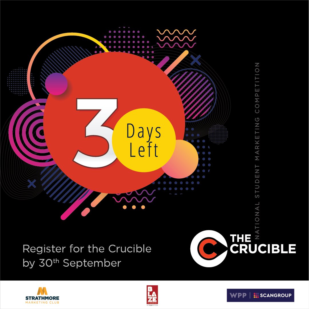 StrathMktgClub's tweet photo. You have 3 days left to apply for the Crucible competition. 
The Crucible a competition for aspiring marketers to showcase their talent. It doesn’t matter who you are or where you are from. It doesn’t matter if you have no previous experience. Your ideas are what matter. https://t.co/qgMWxk335E