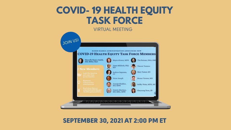 On Thursday, the COVID-19 Health Equity Task Force is meeting at 2:00 p.m. ET. Watch the live stream to learn about the Task Force’s important work to inform the federal #COVID19 response and recovery. hhs.gov/live