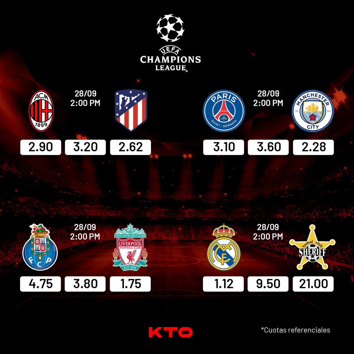 KTOPeru's tweet photo. Hoy tenemos #ChampionsLeague y KTO te trae las mejores cuotas! ⚽️

Si aún no realizas tu primera apuesta hasta S/100 en KTO, te la devolvemos en caso no aciertes! *Aplican T&amp;C.

Regístrate y Gana de verdad con KTO!
https://t.co/VOQ2Kk3b4v https://t.co/VVvYSB8SRL