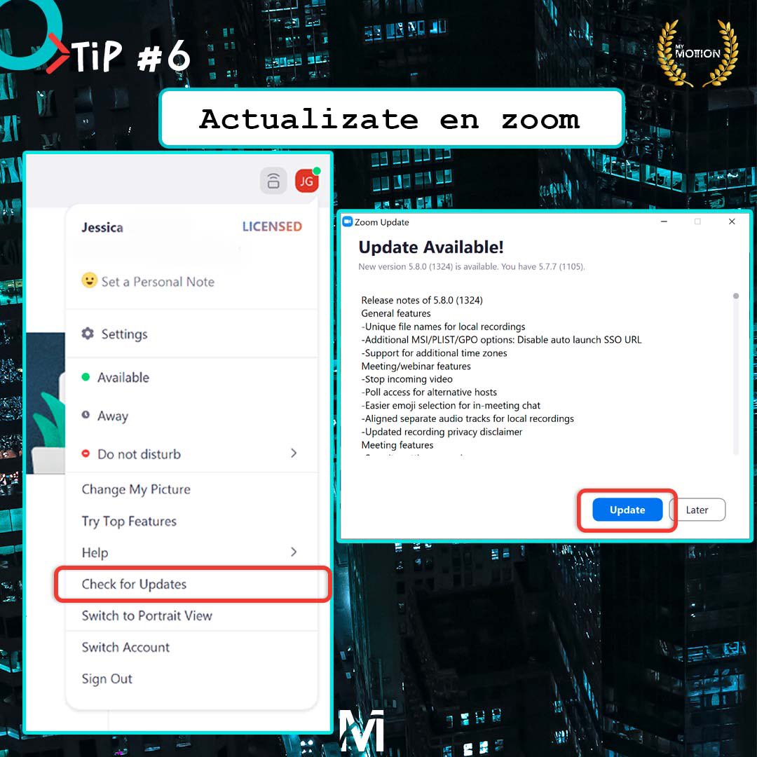 MyMottion's tweet photo. #Tip 6 Asegúrate siempre de tener la ultima versión de #ZOOM con estos simples pasos. #VideoconferenciaParaTodos #ZoomPartner

Síguenos aprovechar tus plataformas al máximo con nuestros consejos semanales.

LICENCIAS ZOOM.
Corporativo/personal/educación/gobierno. https://t.co/nu5BtJ0PBj