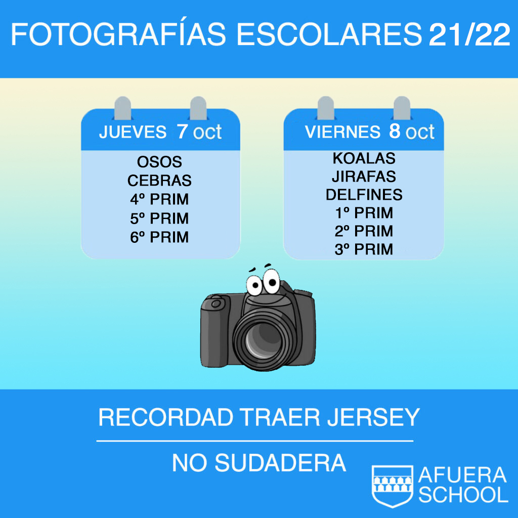 ColegioAfuera's tweet photo. Próximamente realizaremos las fotos escolares de este curso 📷. ¿Quieres saber cuándo? Aquí te dejamos un calendario de fechas📅. Recuerda que el día de las fotos, los alumnos deben asistir con el jersey azul y no la sudadera. ¡No te olvides de sonreír 😊! #pictureday #diadefotos https://t.co/ZI2dwOCY1b