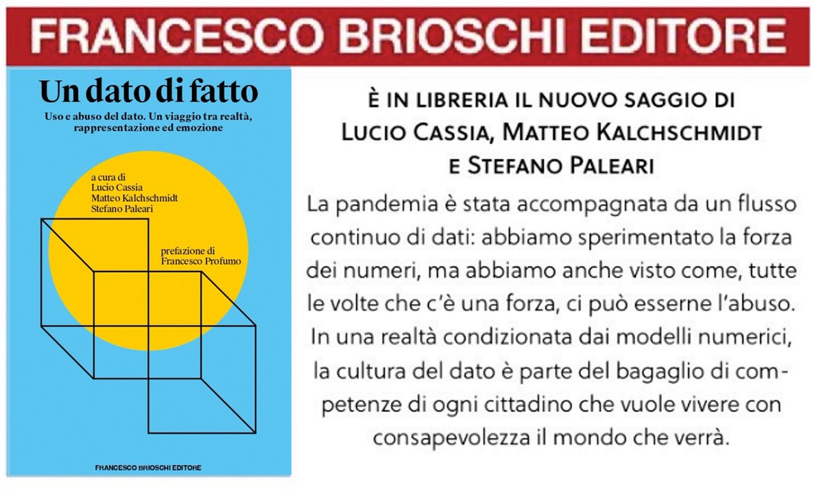 WAVELabUniBg's tweet photo. 📙È ora disponibile "Un dato di fatto", libro a cura di @LucioCassia, @MKalchschmidt e #StefanoPaleari che racconta l'importanza di interpretare e di comunicare il dato. Grazie a @CorrieredellaSera per la prima pagina, a #FrancescoProfumo per la prefazione e #BrioschiEditore👇 https://t.co/mozowTzZmS