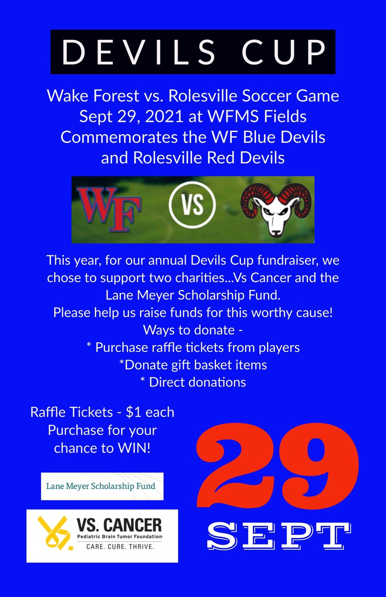 ASchaller74's tweet photo. Show your support for the WFHS soccer teams! It’s the DEVILS CUP game &amp; fundraiser tomorrow! ⚽️🔴🐾🔵⚽️@WFCougarSoccer @WFHSCougars 
#CougarPride #FearTheForest #ROLLCOOGS #WFHSSoccer #DevilsCup 

⚽️ WFHS vs Rolesville 
🗓 Wed, Sept 29
📍 WFMS Fields
⏰ 6:30/JV, 8:00/V 
🎟 GO FAN https://t.co/eOn7YbyIFc