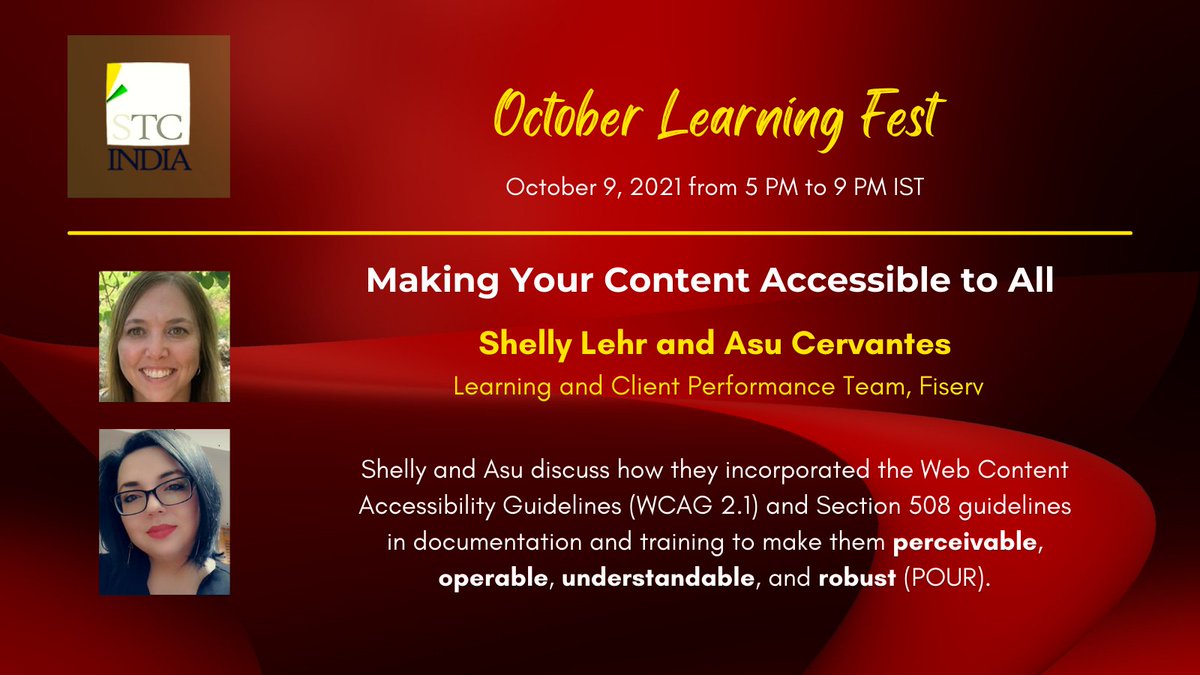 Making Your Content Accessible to All 

Register @ bit.ly/3oezplr

Shelly and Asu will discuss how they incorporated the Web Content Accessibility Guidelines (WCAG 2.1) and Section 508 guidelines for use in their documentation and training.

#learning #Content