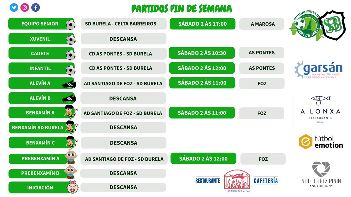 🗓 FIN DE SEMANA ⚽️

Deixamos os compromisos amigables desta fin de semana na que visitaremos aos veciños do AD Santiago de Foz e aos amigos do <a href="/cdaspontes/">C.D. As Pontes</a> 😉

O 1º equipo recibe ao Celta Barreiros noutro amigable de pretempada 💪🏻

#ArribaVerdes 💚