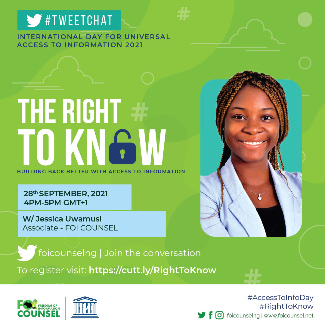 FOICounselNG's tweet photo. #FreeEvent: Right to Know in commemoration of the UNESCO INTERNATIONAL DAY FOR UNIVERSAL ACCESS TO INFORMATION. Starts by 4pm today. Join the conversation!
#foicounselng #unesco #rightoknow #accesstoinfoday https://t.co/IYbg33ru7f