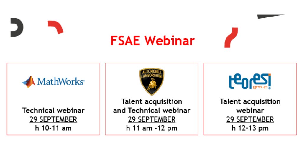 FormulaSAEItaly's tweet photo. 💡 While #design and #business presentation events are coming to the end, we remind you the starting of our #sponsors webinars tomorrow! 💡
You can enjoy @MATLAB #Teoresi and @Lamborghini webinars through our digital platform 
DON'T MISS THEM!!
#LearningbyDesigning #FSAEItaly2021 https://t.co/Q7zWJCPNwb