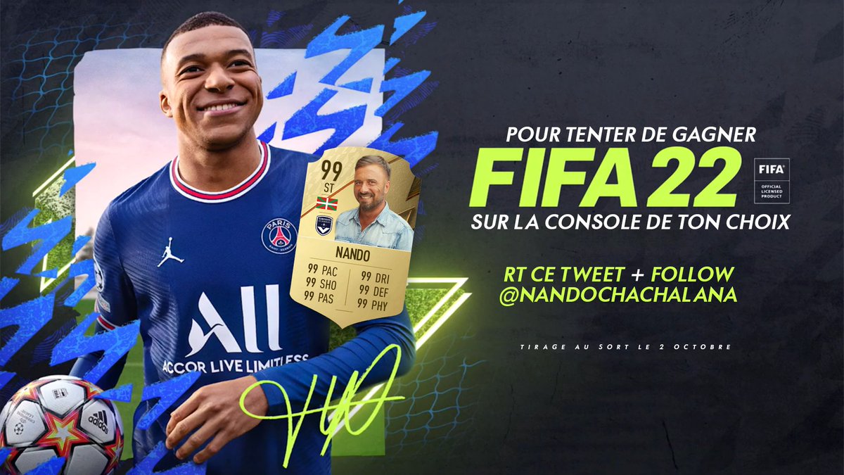 Je vous fais gagner un #FIFA22 sur la console de votre choix. Pour participer et tenter de le remporter, rien de plus simple:

▶️ RT + Follow @NandoChachalana 

🎲 Tirage au sort du gagnant le 2 octobre.