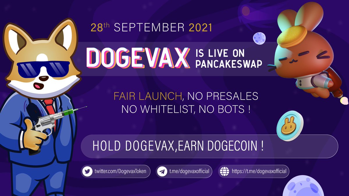 DogevaxToken's tweet photo. 💥💥THE TIME HAS COME💥💥

⭐️CONTRACT ADDRESS: 0x78e3c0a3282873f1a5df2271e058dc142128ac78
⭐️DXSALE locked liquidity link (140 BNB) : https://t.co/8XcYU7QWjj
⭐️AUDIT link : https://t.co/ZEfpSZDIuJ

As a reminder, please do not forget to use at least 12% slippage tolerance https://t.co/4A5eG8Qr4T