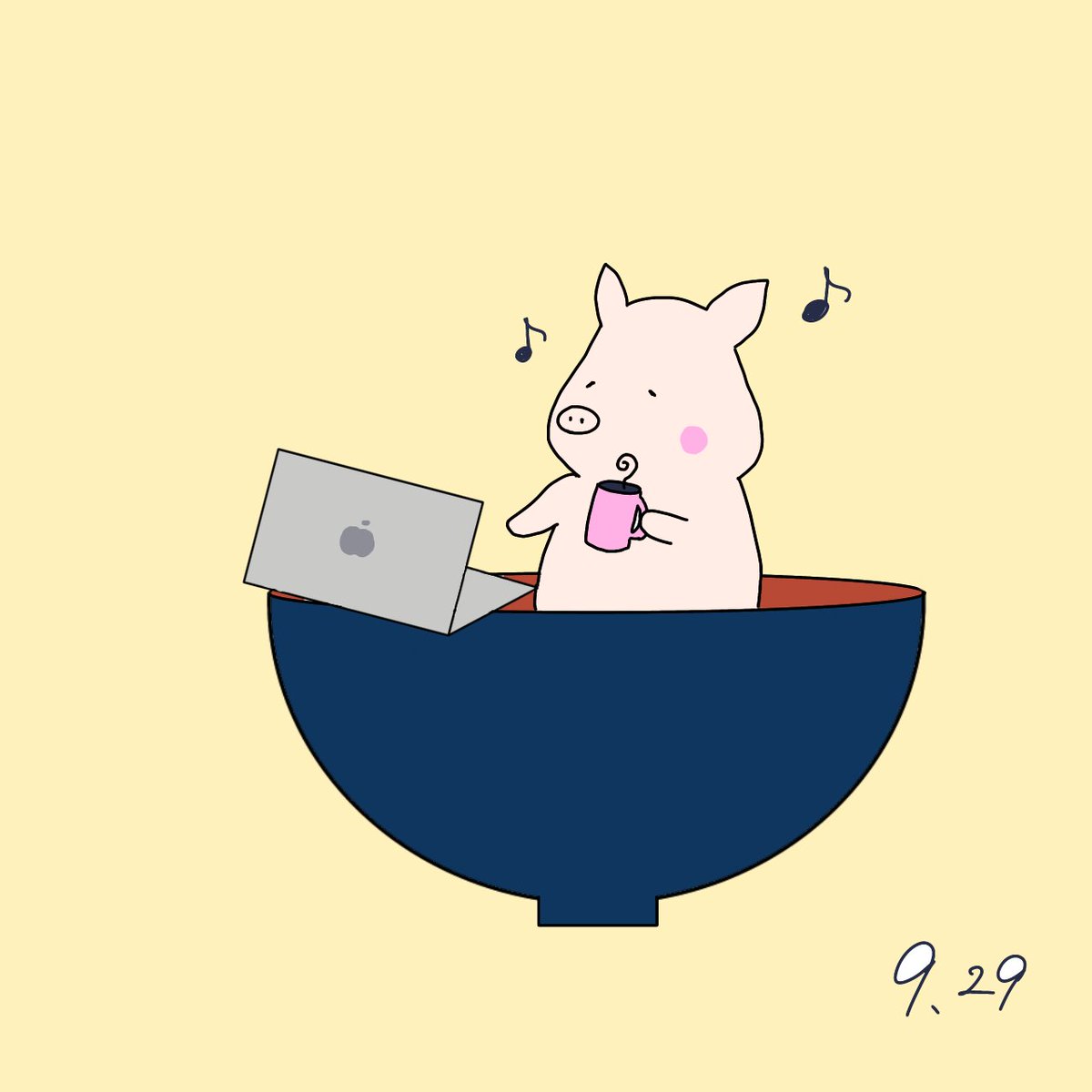 ownbuta's tweet photo. 9月29日は #パソコンの日 ！
おわんブタも、リモートワークかな？

#LINEスタンプ #おわんブタ
#今日は何の日 #パソコンの日 
#絵 #イラスト #ゆるキャラ https://t.co/VLZ1lzyaxI