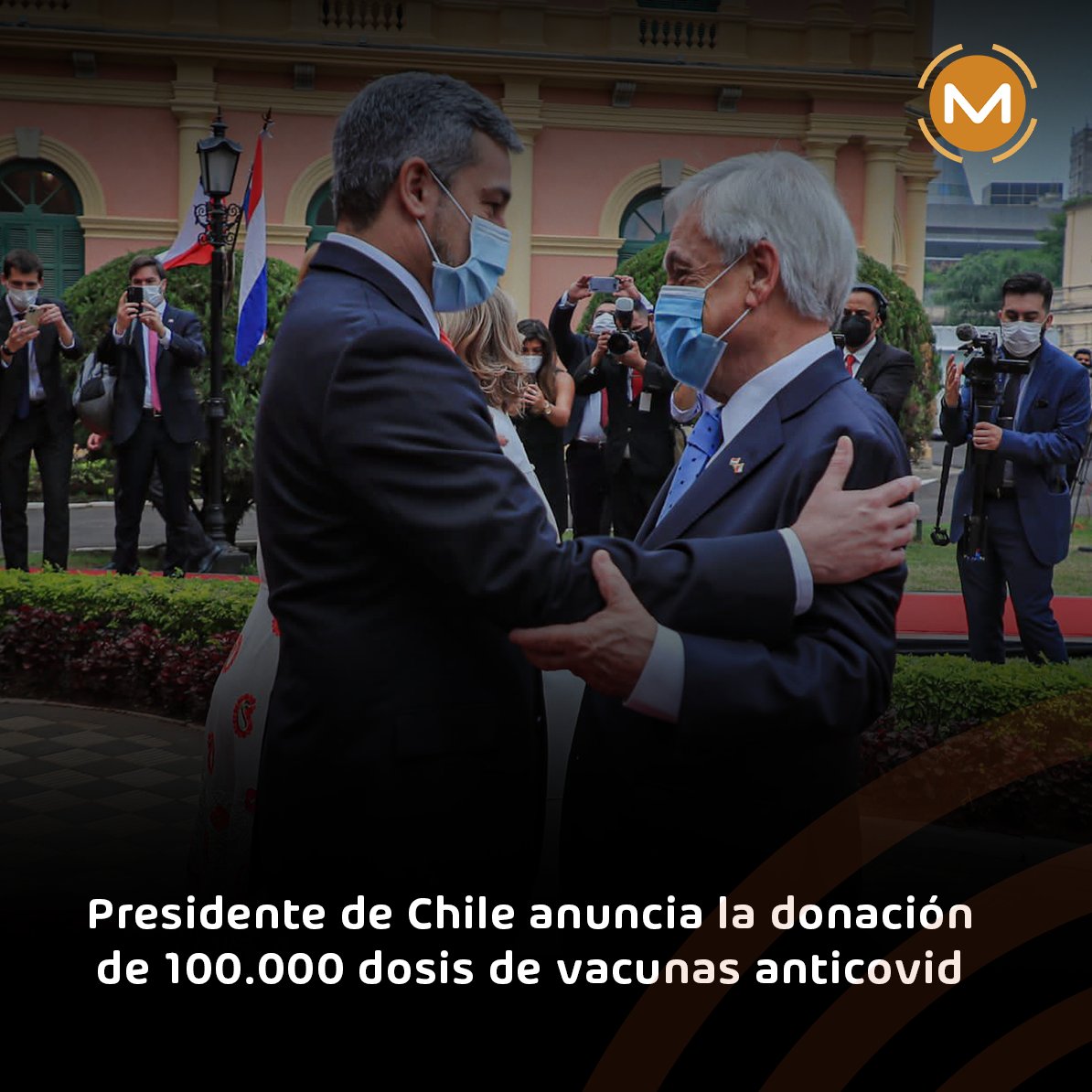 AM_1080's tweet photo. 🚨 #URGENTE

🔸 El presidente de Chile, Sebastián Piñera, anunció la donación de 100.000 vacunas anticovid

🗣️ "Es para que se acelere el proceso de vacunación del pueblo paraguayo", dijo durante el acto donde recibió la Orden Nacional del Mérito en el Palacio de López.

#AM1080 https://t.co/P0hqf21L8z