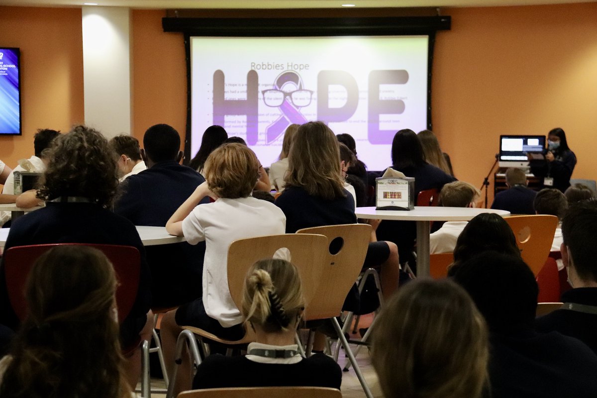 BISHouston's tweet photo. Feeling balanced with Ms S in our HS Years 10 &amp; 11 assembly, with Year 9 Aashna raising awareness on her work with the charity 'Robbie's Hope, It's Okay To Not Be Okay'. #BISHouston #StudentVoice #Wellbeing https://t.co/06afyT8lD1