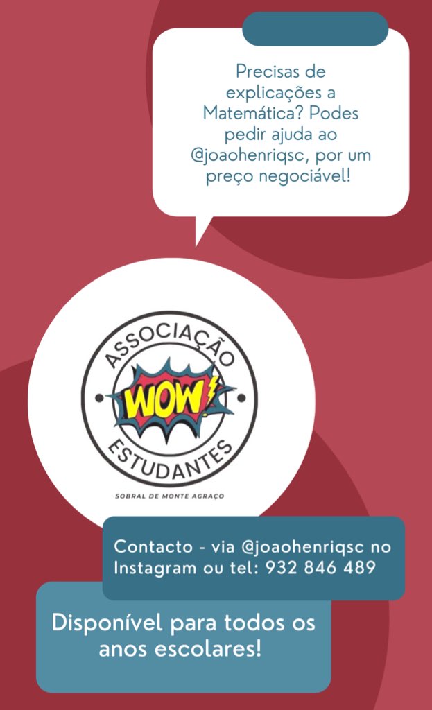 listawowsma's tweet photo. Olá malta! Se precisarem de ajuda a Matemática podem sempre dar um salto à app vizinha, ou mandar mensagem para este número (932846489). Lembrando que o preço é negociável! #somosWOW ⚡️ https://t.co/fO5d7vT5MD