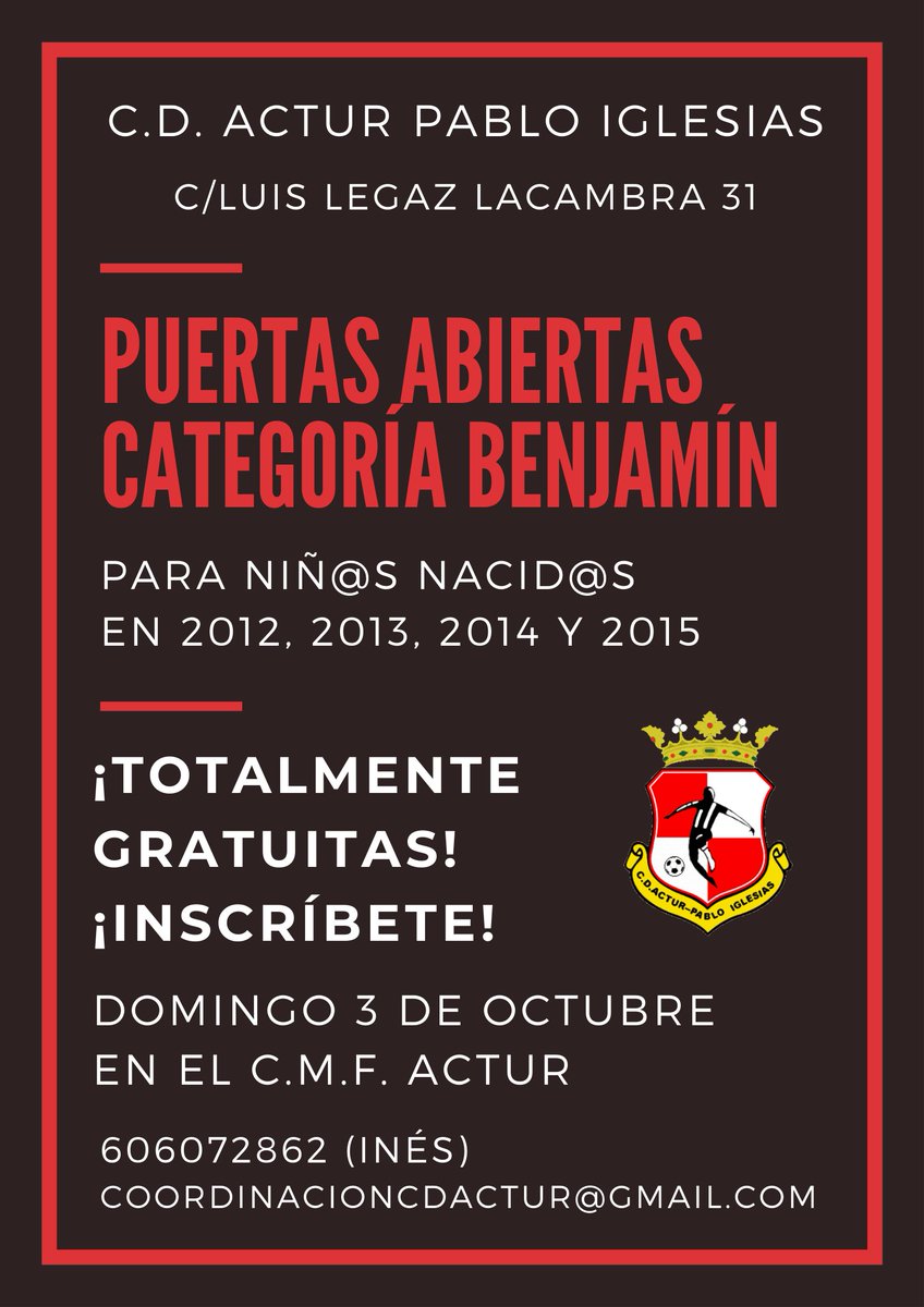 ActurPIglesias's tweet photo. ⚽ PUERTAS ABIERTAS |

📆 Domingo 3 de octubre de 2021
⌚ 12:00
📍 CMF Actur

👦🏻🧑🏻 Para niños y niñas nacid@s en 2012, 2013, 2014 y 2015

¡TOTALMENTE GRATUITAS!

Solicita más información sin compromiso e inscríbete en:

606072862 (Inés)

coordinacioncdactur@gmail.com

#TodoAlRojo https://t.co/F6XoTToC1g