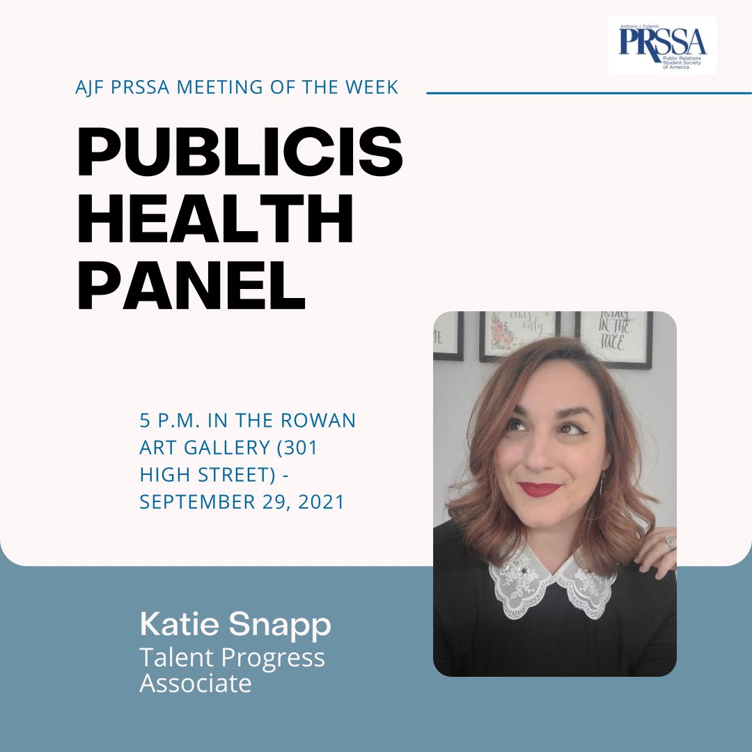 RowanPRSSA's tweet photo. PRSSA Meeting TOMORROW!
📍: Rowan Art Gallery (301 High St.)
⏰: 5 P.M.
👥: Guest Speaker!

Katie Snapp, Publicis Health Talent Acquisition Associate, will be joining us via Zoom! 💻 She will discuss Publicis Health and their intern program.

#rowanprssa https://t.co/1GDGG6et9n