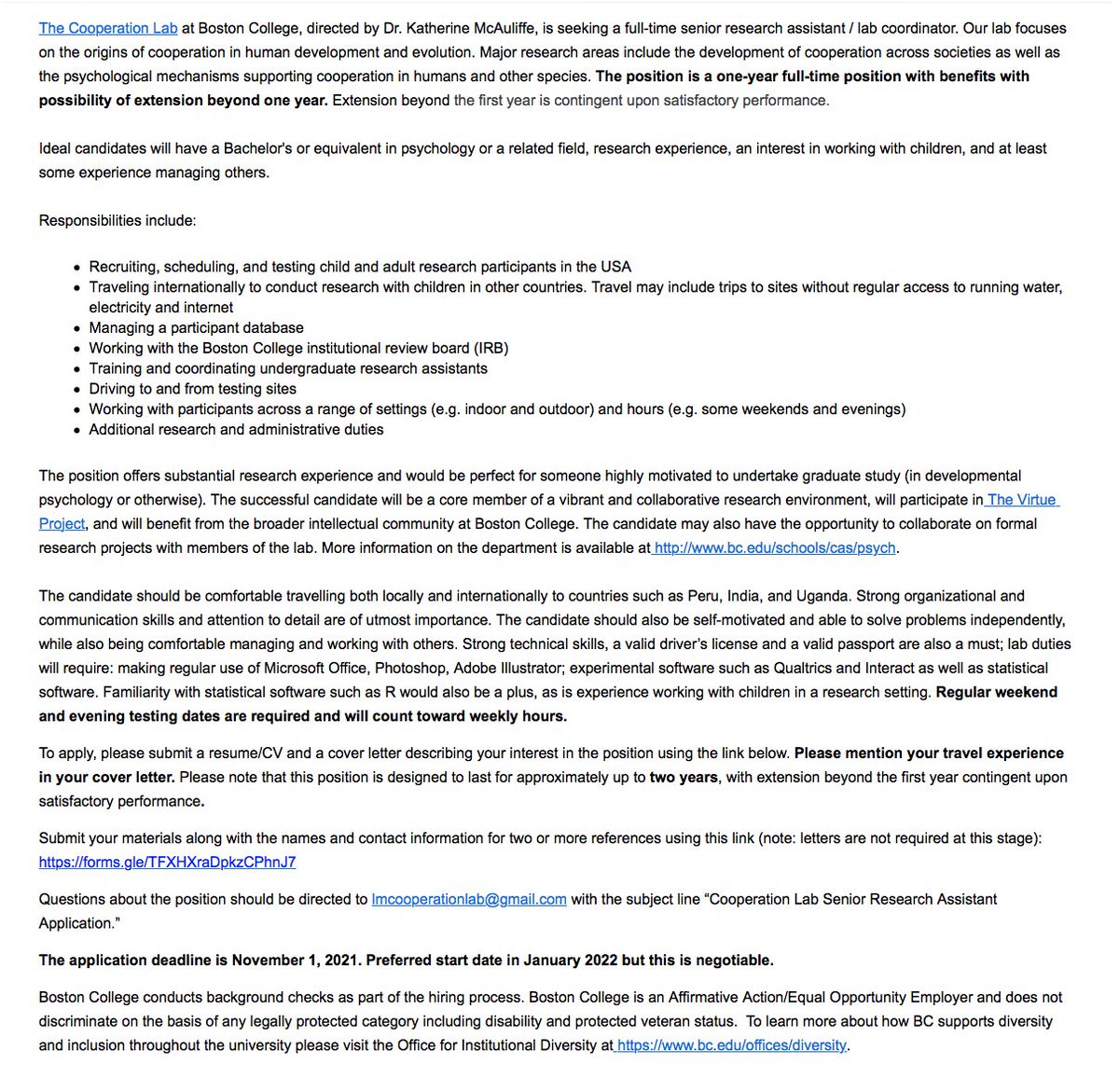 kmcaulif1's tweet photo. Our lab (@cooperationlab) is looking for a senior research assistant / lab coordinator. Please apply if you're interested and/or RT if you know someone who might be. Deadline Nov 1. Ad below and link to application here: https://t.co/4Evt0OVqam https://t.co/G3KB0TH2Rv