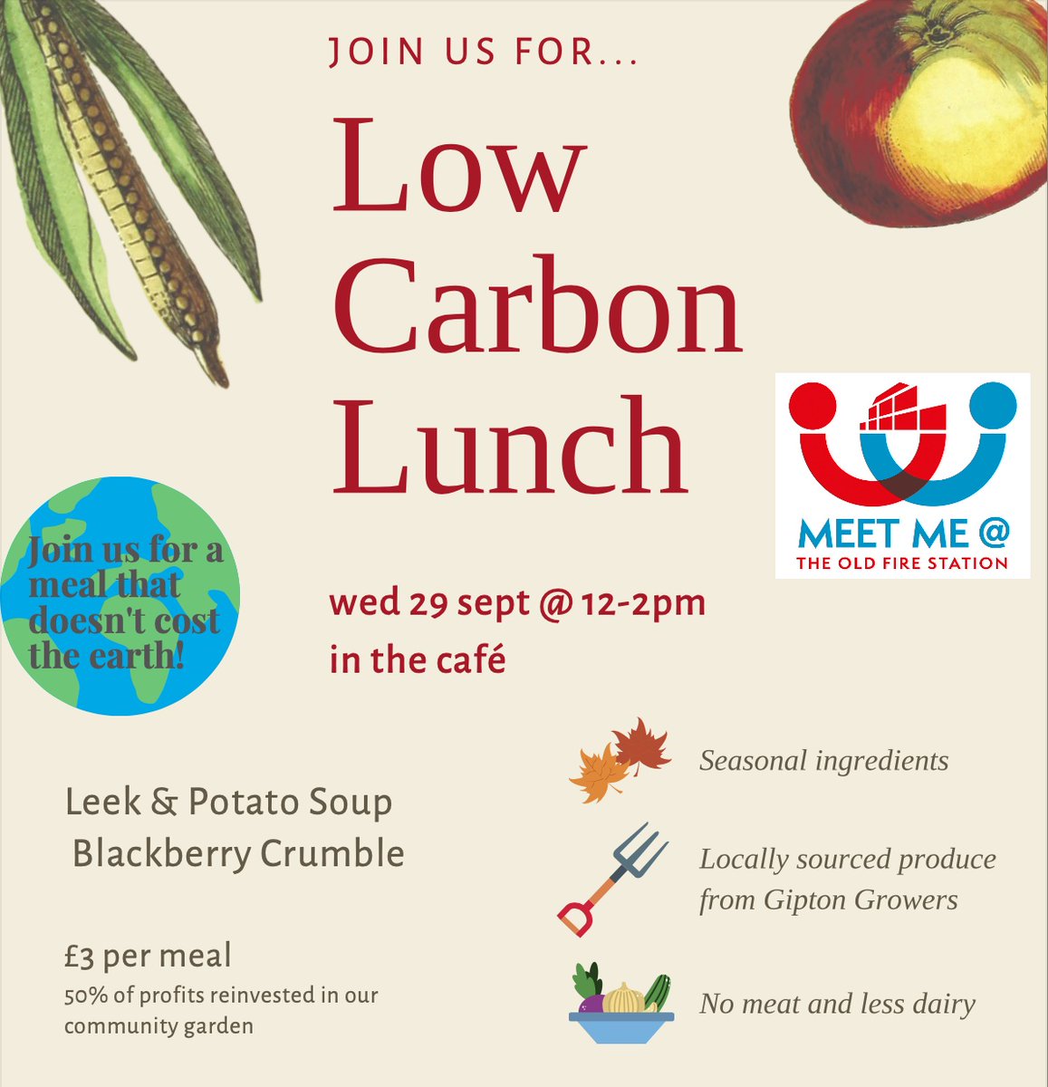 Join us tomorrow for #LowCarbonLunch 12 - 2 in the cafe £3 per meal with 50% of profits going to support our community garden @space2leeds @ZestLeeds @SlateLeeds #LeedsByExample #FoodPartnership