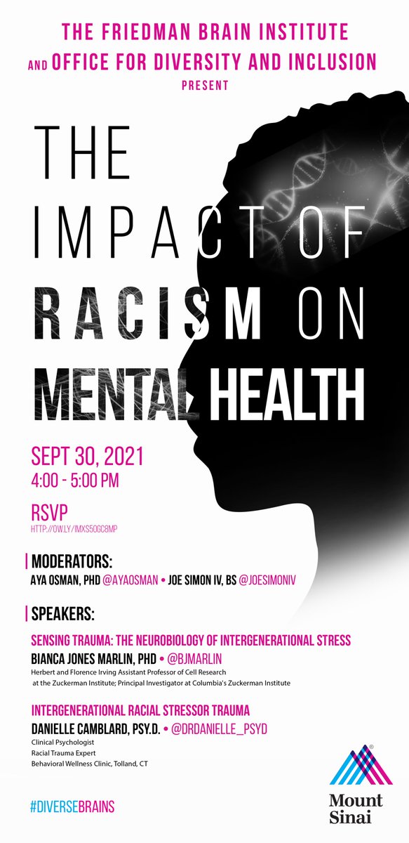 EricJNestler's tweet photo. Please join us for this important program on the impact of racism on mental health on 9/30 @ 4 pm ET featuring @bjmarlin and @drdanielle_psyd sponsored by @MountSinaiNYC. Zoom link is attached--we ask people to pre-register. @SinaiBrain @DiverseBrains https://t.co/tySQifX02G