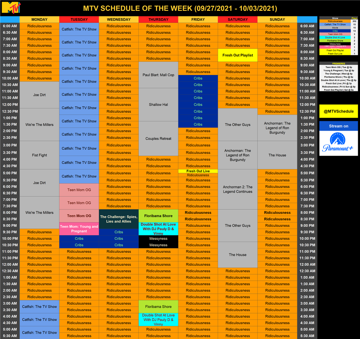 MTVSchedule's tweet photo. Here's MTV schedule for the week of 09/27/2021

#MTVSchedule2021 #week39 https://t.co/M1qSw3PGwC