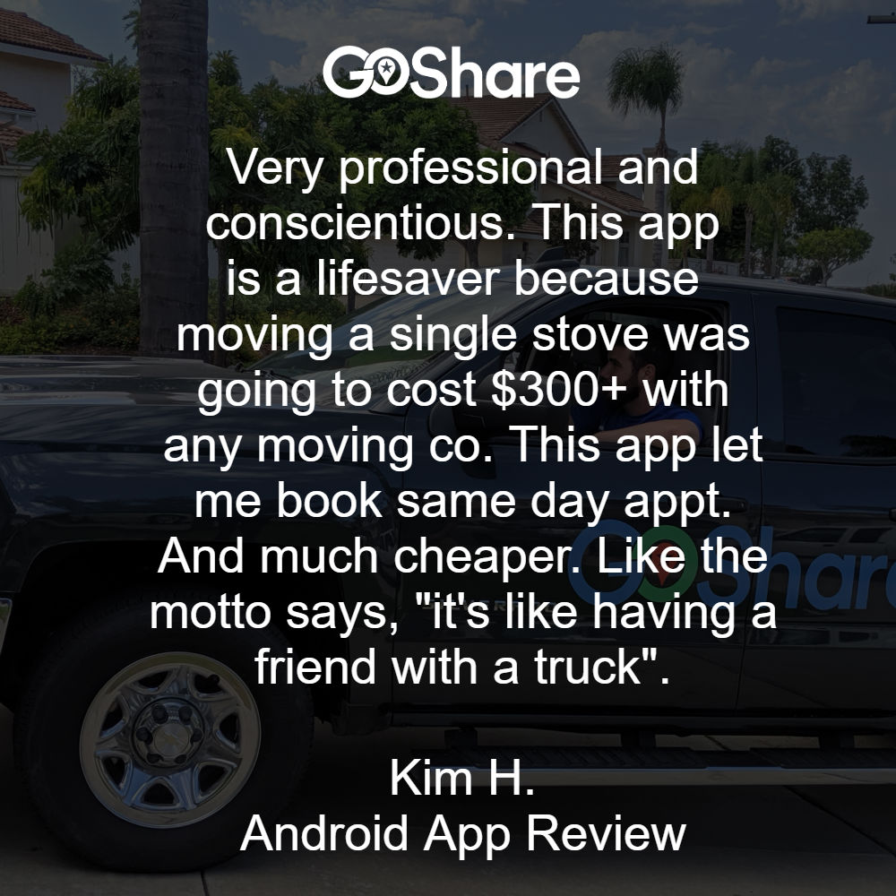 goshare's tweet photo. Kim, we are thrilled to be Your Friend with a Truck.™ Hire a local delivery pro for your next move or delivery at https://t.co/KfsJlFApJC.
#GoShareReviews #GoShareReview #Reviews #AppReview https://t.co/i1Xvgy5c6p