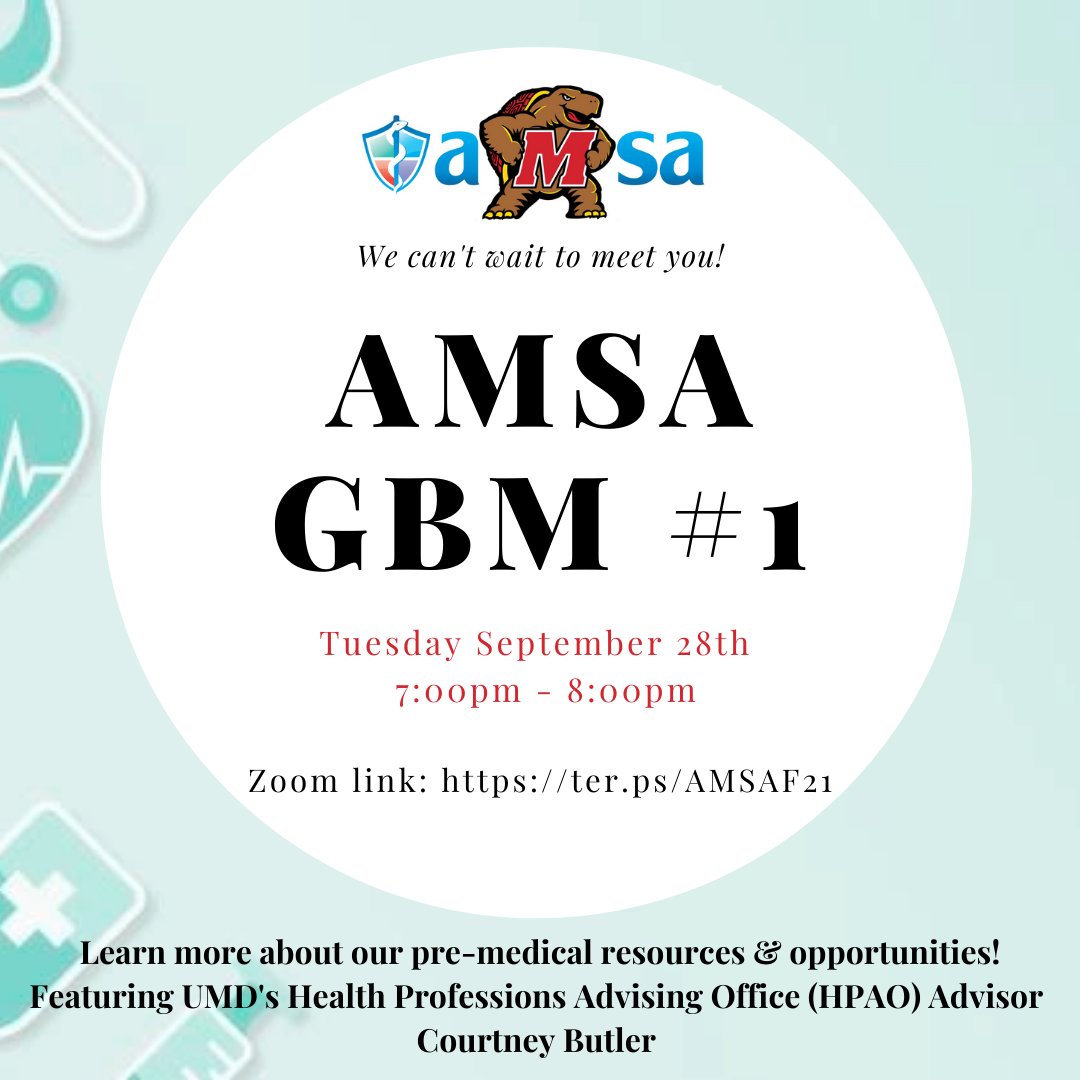 theumdamsa's tweet photo. Are you on the premedical path and interested in making friends and finding mentors with similar career aspirations? If yes, you should join UMD’s American Medical Student Association or AMSA.  Join our first GBM Tuesday 9/28 from 7-8pm (https://t.co/Y07YoXmRSc) to learn more! https://t.co/ls5wj3HX48
