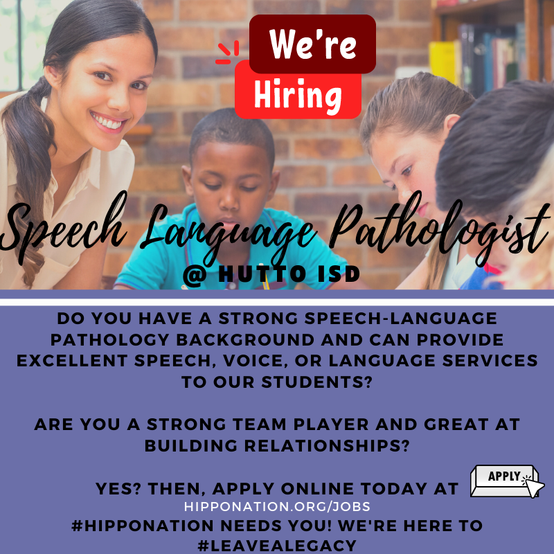 huttoisdhr's tweet photo. Join Hutto ISD today as a Speech Language Pathologist! Apply at https://t.co/IGe5Jp3vE8 #HippoNation #LeaveALegacy @huttoisdhr  @skoerth14  @HuttoISD https://t.co/aKATFA7eaF