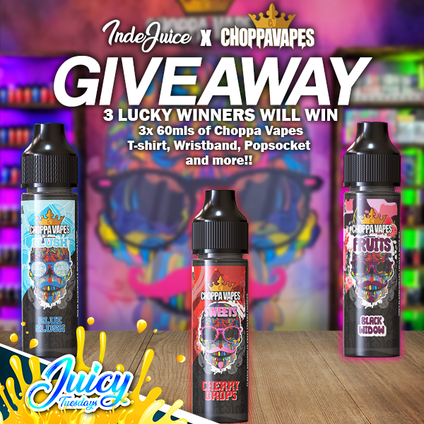 Juicy Tuesday Time! This week IndeJuice.com have teamed up with <a href="/choppavapes/"><a href="/choppavapes/">@choppavapes</a></a> who are giving 3 lucky winners the chance to win a range of Shortfills and plenty of other merchandise. 

Simply: 
1. Like &amp; Retweet
2. Follow @choppavapes 
3. Tag your Friends