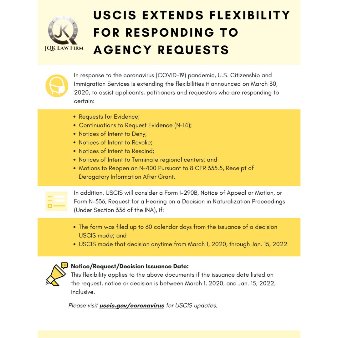 JQKLawFirm's tweet image. USCIS Extends Flexibility for Responding to Agency Requests

Please visit uscis.gov/coronavirus for USCIS updates.

#USCIS #USCISNews #USCISUpdate