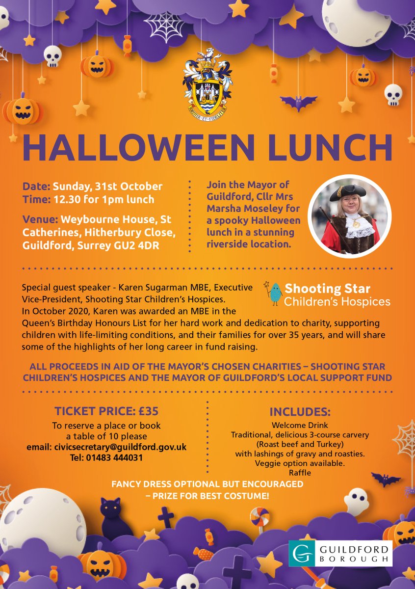 SSChospices's tweet photo. Treat yourself to a spooktacular Halloween lunch! 

We are so grateful to the Mayor of Guildford, Councillor Mrs Marsha Moseley for organising a fangtastic feast in aid of us at the hauntingly bootiful Weybourne House in Guildford, on the banks of the river Way. (1/3) https://t.co/EsA8pGSuRc