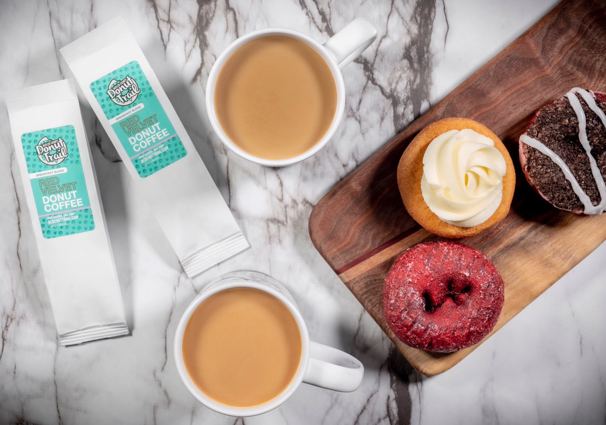 DonutTrail's tweet photo. #NationalCoffeeDay is tomorrow ☕️ and what pairs better with coffee than donuts?!
Introducing our NEW Donut Trail Coffee! A delicious Red Velvet Donut breakfast blend 😍 
https://t.co/ImntXbx2t1 https://t.co/sh9vksJPtv