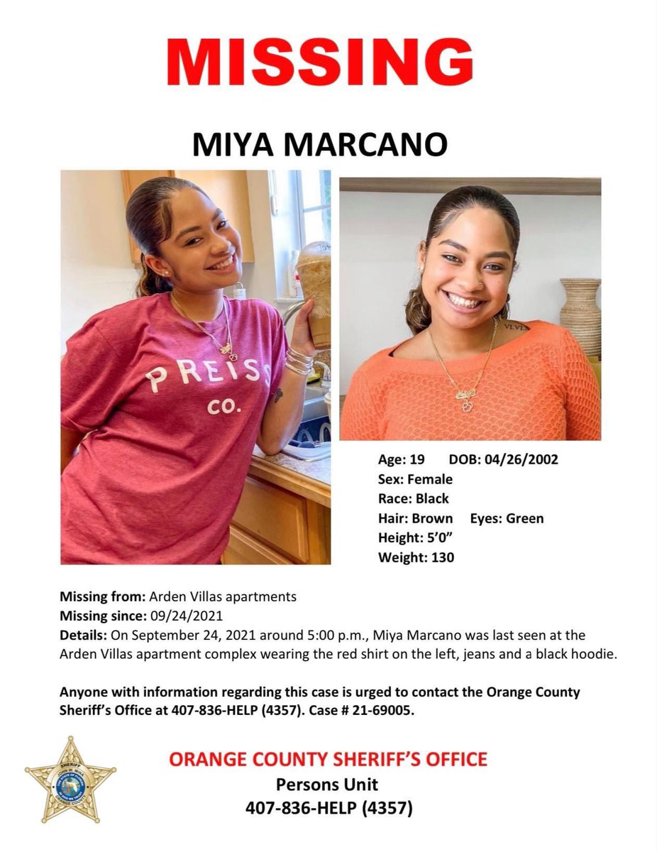#NEW: <a href="/OrangeCoSheriff/">Orange County Sheriff's Office</a> updated their #MiyaMarcano missing flyer. 

The red shirt is what Miya was wearing when she was last seen Friday. She also had on jeans and a black hoodie. 

Miya had a scheduled flight to Fort Lauderdale that evening, but she never made it on the plane.