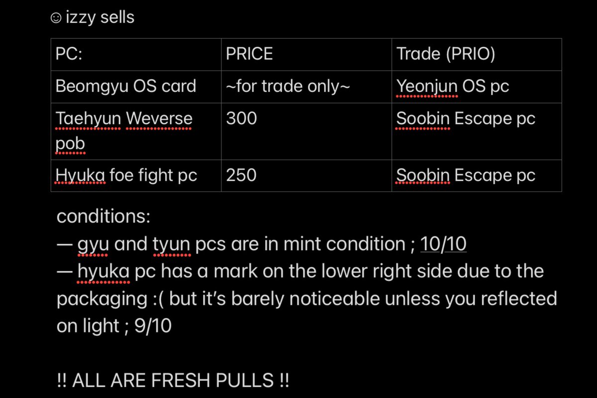 wts wtt lfb lft ph 

— prio is trade !! pero if wala na talagang pagasa i’ll sell it :33

(for buyers, i’ll reply after 3 days incase someone trades so no need for payo) 

— mop: gcash
— mod: ggx

tags: txt pc ph huening kai taehyun beomgyu soobin yeonjun foe weverse pob fight os