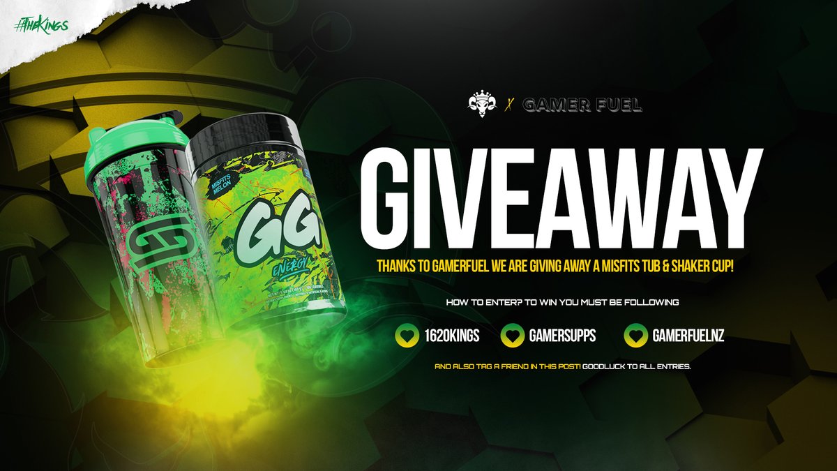 1620Kings's tweet image. Thanks to your ongoing support @1620Kings have decided to team up with @gfuelnz and host a giveaway for;

1x Misfits Tub &amp;amp; 1x Shaker Cup!

To enter:

Like &amp;amp; Retweet
Follow @1620Kings @gfuelnz &amp;amp; @GamerSupps
And Tag A Friend!

Show completion in the replies 👀

#TheKings #Giveaway