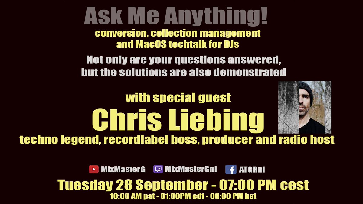 ChrisLiebing's tweet photo. I'm gonna be having a little Q&amp;A about my setup, @Traktor / Rekordbox and a bunch of tech stuff tonight at 7pm CEST - should be fun! 
FaceBook: https://t.co/PJxK7cQdy8
YouTube:https://t.co/wPjwhwtGr4
Twitch:https://t.co/DuZKgWh6lj https://t.co/sUMFAC3ZfE