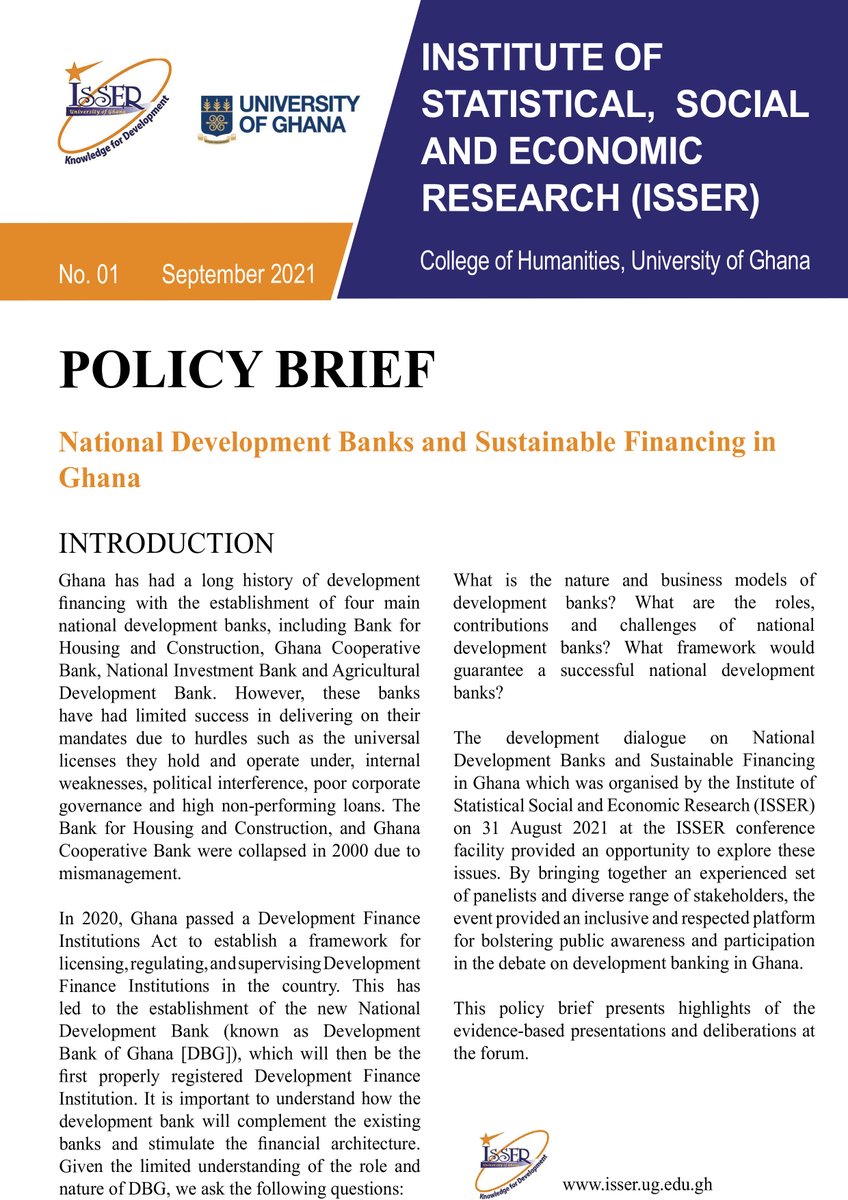 ISSERUG's tweet image. A little learning. Read our latest policy brief on National Development Banks and Sustainable Financing in Ghana, drawing on discussions at our 2021 maiden Development Dialogue. It&apos;s good information. bit.ly/3EZmSZ3
#knowledgefordev #developmentbanks #sustainablefinance