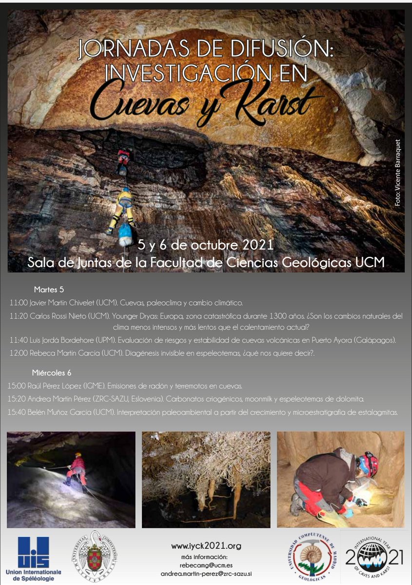 El 2021 es el Año Internacional de las Cuevas y el Karst y para celebrarlo hemos organizado unas jornadas para dar a conocer la investigación que se realiza en la Facultad y otros centros de Madrid. Paleoclima,carbonatos criogénicos, cuevas volcánicas,terremotos, geomicrobiología
