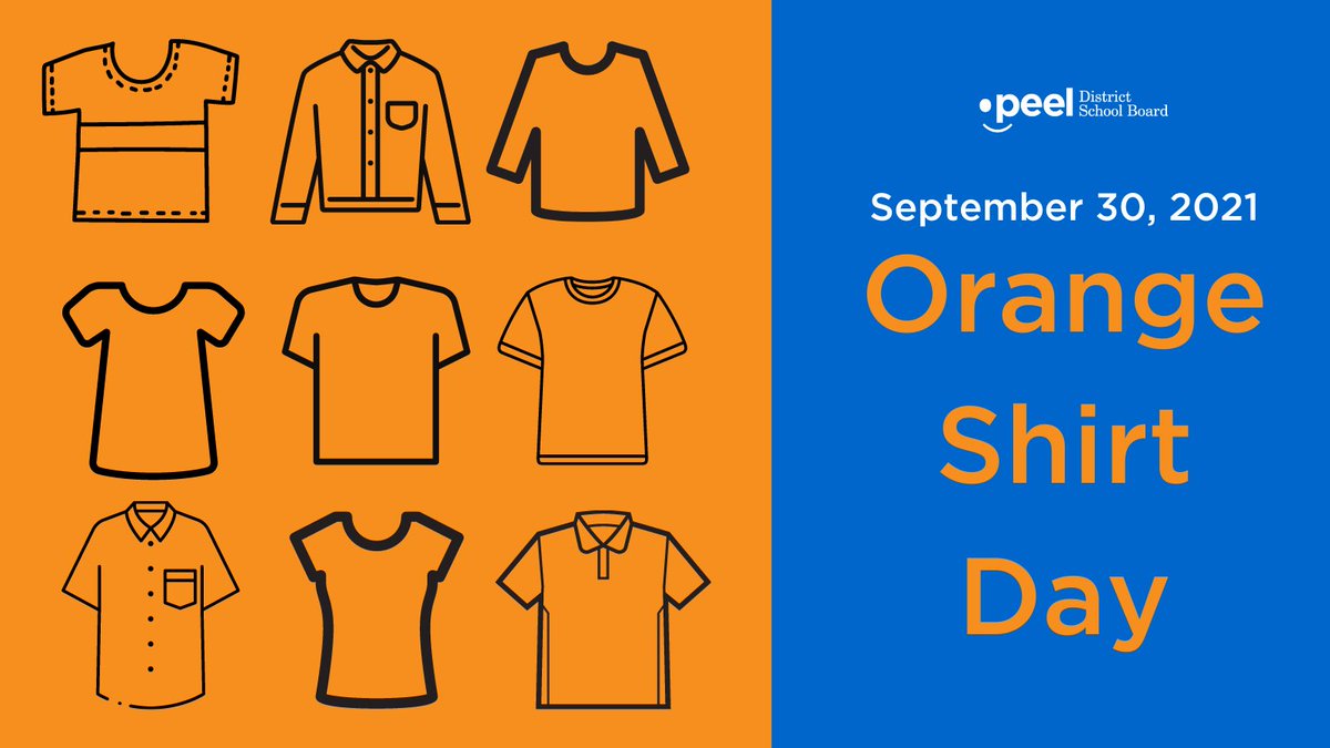 PeelSchools's tweet photo. On Thursday, Sept. 30, Peel students and staff will recognize #OrangeShirtDay to commemorate Residential School Survivors. All staff and students are encouraged to wear orange shirts. #EveryChildMatters
  
 For resources on #OrangeShirtDay, please visit: https://t.co/8mm5bZk4Bn https://t.co/4eWfh30tqJ
