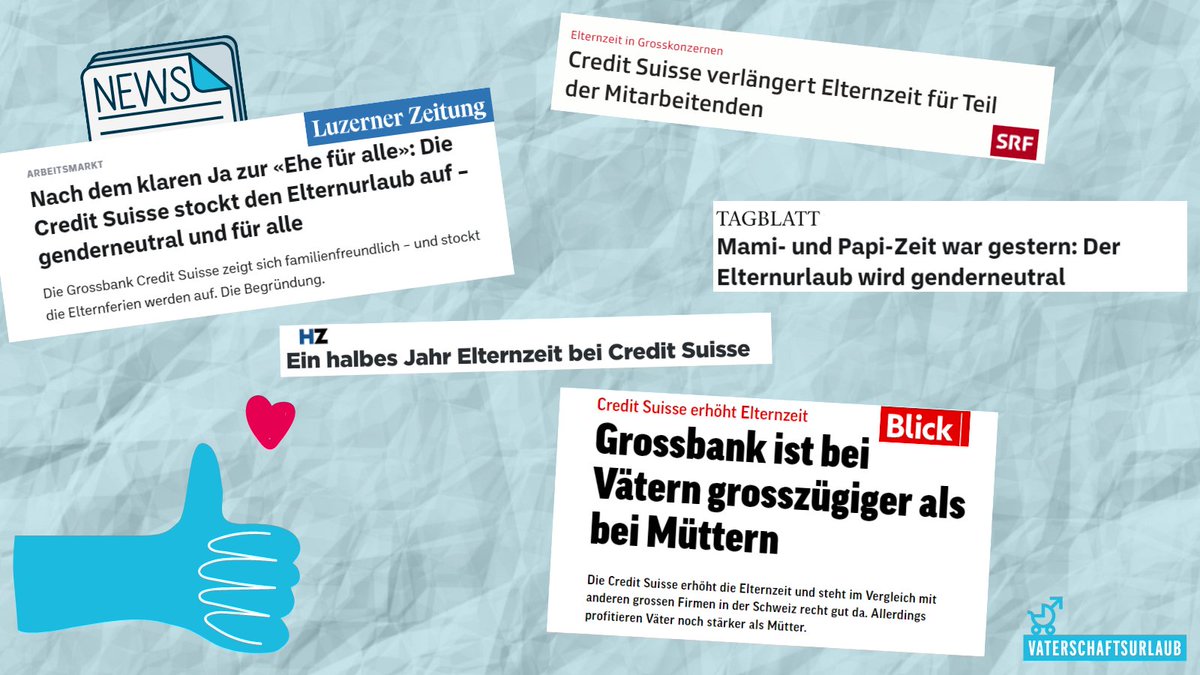 Bravo <a href="/CreditSuisse/">Credit Suisse</a> . Wir freuen uns, dass die Grossbank ab 1. Januar 2022 eine Elternzeit von 6 Monaten einführt. Das gilt für die Hauptbetreuungsperson und gilt auch für Adoptionsurlaube. Davon, liebe Schaffhauser Kantonalbank, könntet ihr doch eine Scheibe abschneiden?