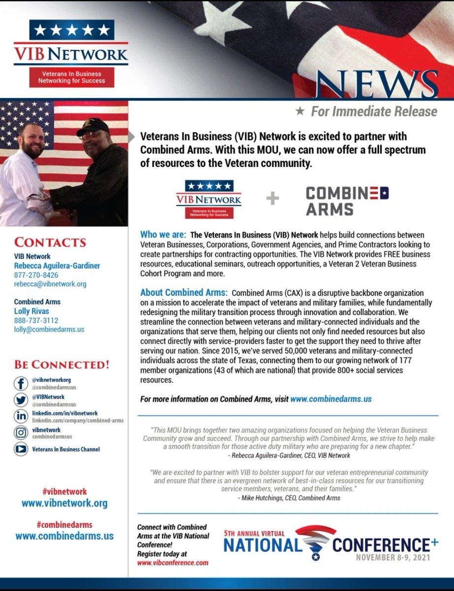 VIBNetwork's tweet image. Veterans In Business is excited to partner with @combinedarmsus. With this Memorandum of Understanding (MOU) we can now offer a full spectrum of resources to the Veteran community.

For more information visit: vibnetwork.org

#vibnetwork #combinedarms