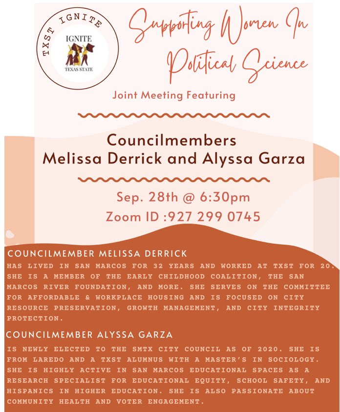 Come join us for our joint meeting with IGNITE TXST and featuring guest speakers city council members Derrick and Garza at 6:30 tonight!