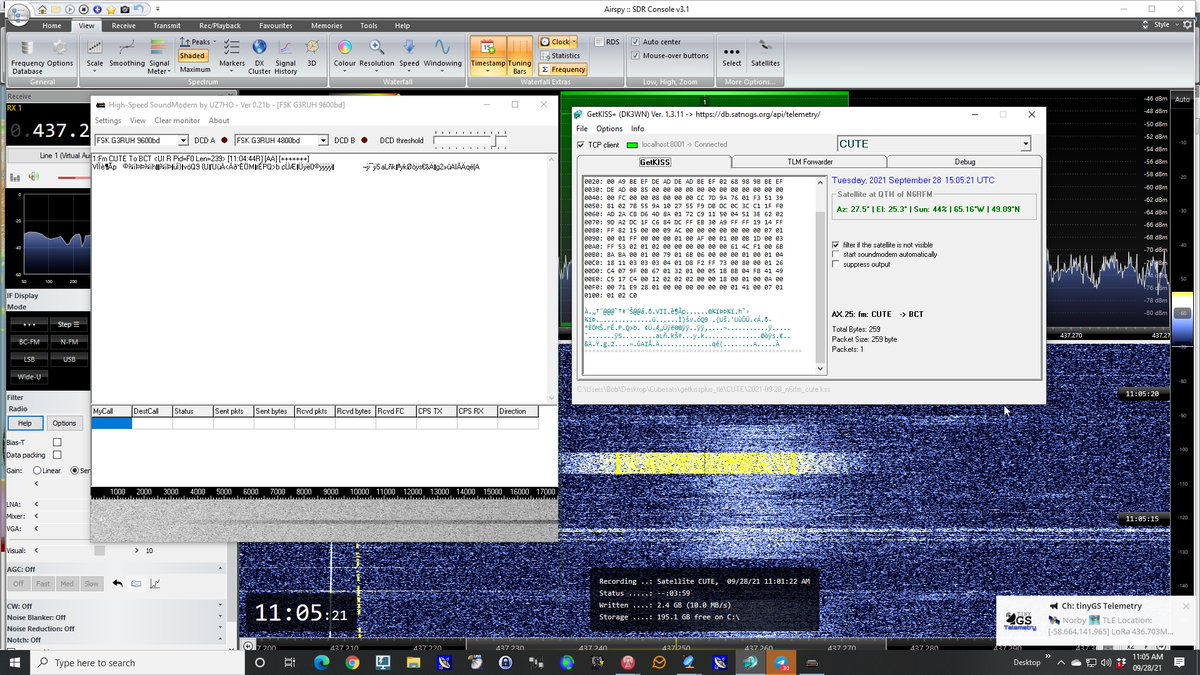 n6rfm's tweet photo. CUTE satellite over USA East Coast.  Deployed yesterday from the Atlas V 401 rocket launch.  61E pass FN41iq 2021-09-28 1504Z.  9K6 GMSK.  Nine frames to @SatNOGS database.  Congratulations to @CUTECubeSat team!    Thanks @eelkevisser and @cgbassa for the updated TLE. 😎 https://t.co/ko4Zk22Ac7