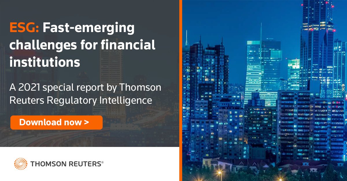 A new report from Thomson Reuters Regulatory Intelligence looks at the fast-emerging challenges for financial institutions in the still-changing environment of ESG initiatives and investments.
Access report > thomsonreuters.com/en-us/posts/le…

#esg #financialinstitutions #CorpGov #risk