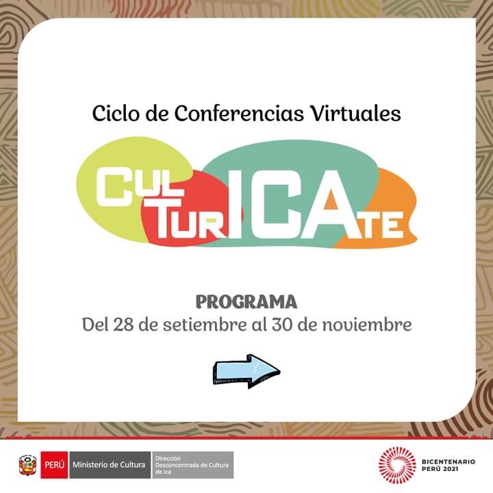 MParacas's tweet photo. 👉 La Dirección Desconcentrada de Cultura de Ica,  invita  a participar  en el  Ciclo de Conferencias Virtuales  sobre Importancia del Patrimonio Cultural de Ica.
📲 Te esperamos los días martes de  🕖 7 :00  a 8:00 p.m.

📌La actividad se iniciará  éste martes 28 de setiembre. https://t.co/zO1EZdeNf8