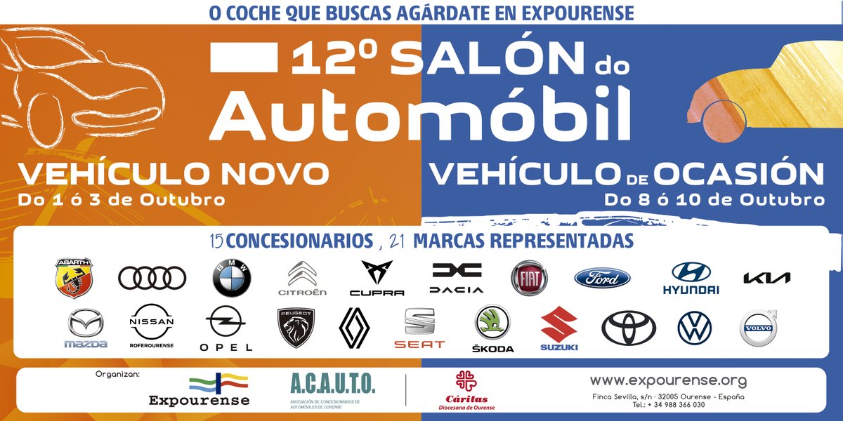 GrupoCuevas_'s tweet image. Del 1 al 3 de octubre, #Tomóvil Cuevas te espera en el 12º Salón del Automóvil  organizado por @EXPOURENSE y #ACAUTO.
Tomóvil y otros 14 concesionarios presentarán 30 nuevos modelos, en una edición en la que el coche eléctrico será una de las estrellas. ¡Os esperamos!
