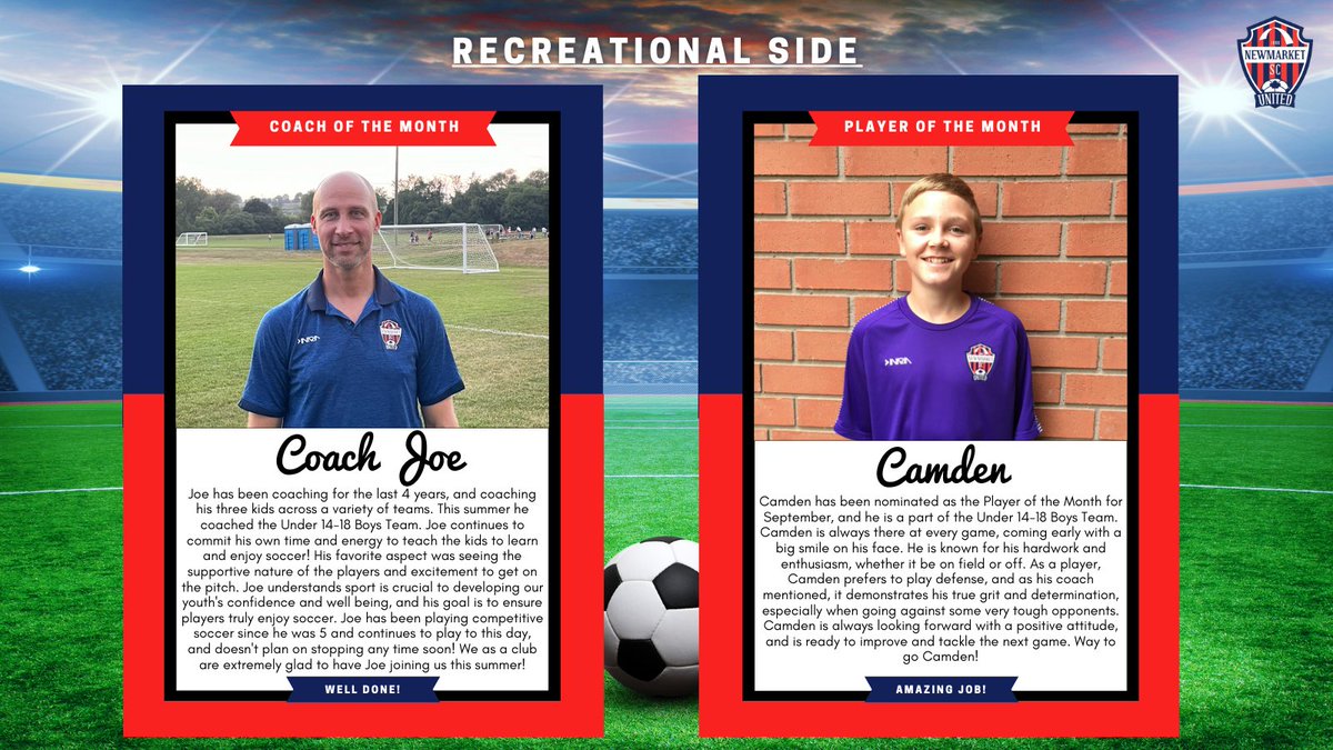 NewmarketSoccer's tweet photo. And well done to Coach Joe and Camden, on our Recreational Side, for the NSC Coach & Player of the Month!
#Excel #WellDone #NSCTeam #Community #Develop #HaveFun https://t.co/MLweFOX5vp