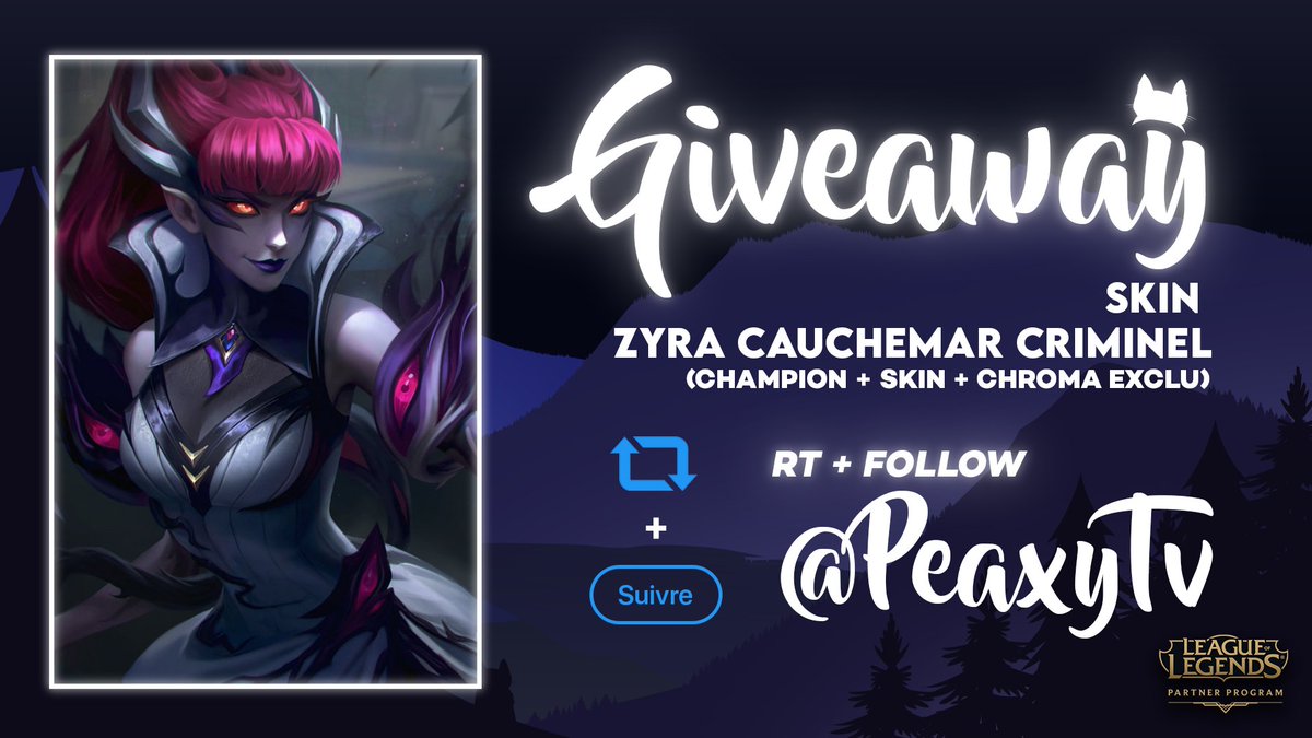 PeaxyTV's tweet photo. Instant #Giveaway grâce au #LeaguePartner !

🎁5 Packs Zyra Cauchemar criminel à Gagner 
(Champion + Skin + Chroma Exclusif) 

🔁RT ce tweet
✅Follow @PeaxyTV

TAS prévu le 12 Octobre, bonne chance à tous ! 
5 autres codes à gagner sur https://t.co/5claeIKKfe https://t.co/m1jgQsiuVT