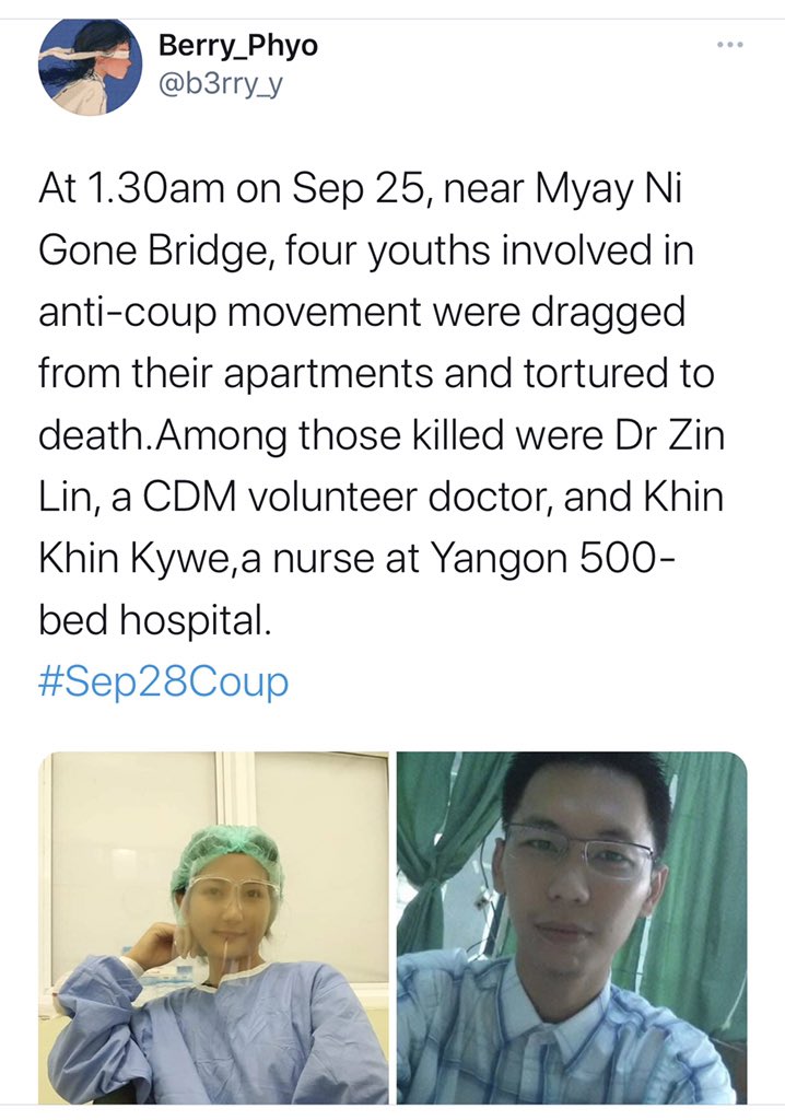 micle_min's tweet photo. @USEmbassyBurma @freedomhouse Actually, either they are not PDF or defending with guns, Junta forces sneaked in Myaynigone flat in midnight and dragged 4 youths on streets and shot / kicked them to death in blood pool. The recorded video was going viral in next day and Myanmar Junta is searching withness. https://t.co/2QWELPg2vh
