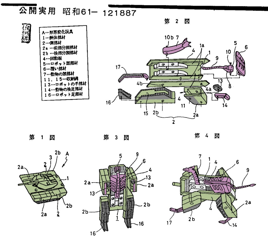 タカラが1985年実用新案出願のトリプルチェンジャー二案
ジェット機・ロボ・馬の方は試作写真も見かけるのでその配色で
たぶん試作とは機首の収納が異なる
もう一案は戦車・ロボ・動物(明記されず)に変形
キャタピラになる手足の前後に混乱するが、手足と胴の間に板が一枚あってそれごと回転する模様 
